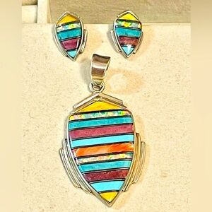 Native American Sterling Pendant Earrings Set inlay spiny oyster turquoise